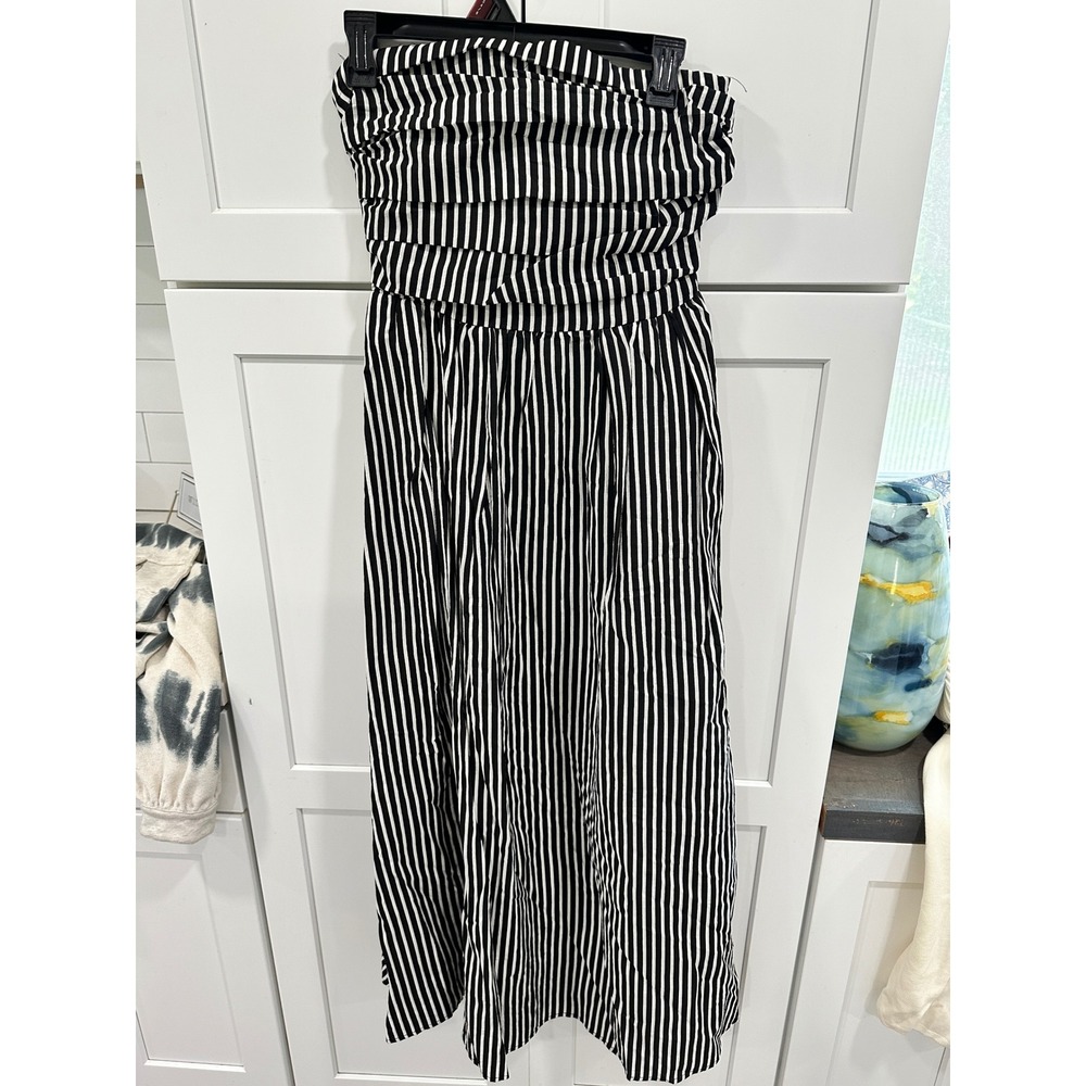 By Together Womens Black White Striped Strapless Smocked Wide Leg Jumpsuit M